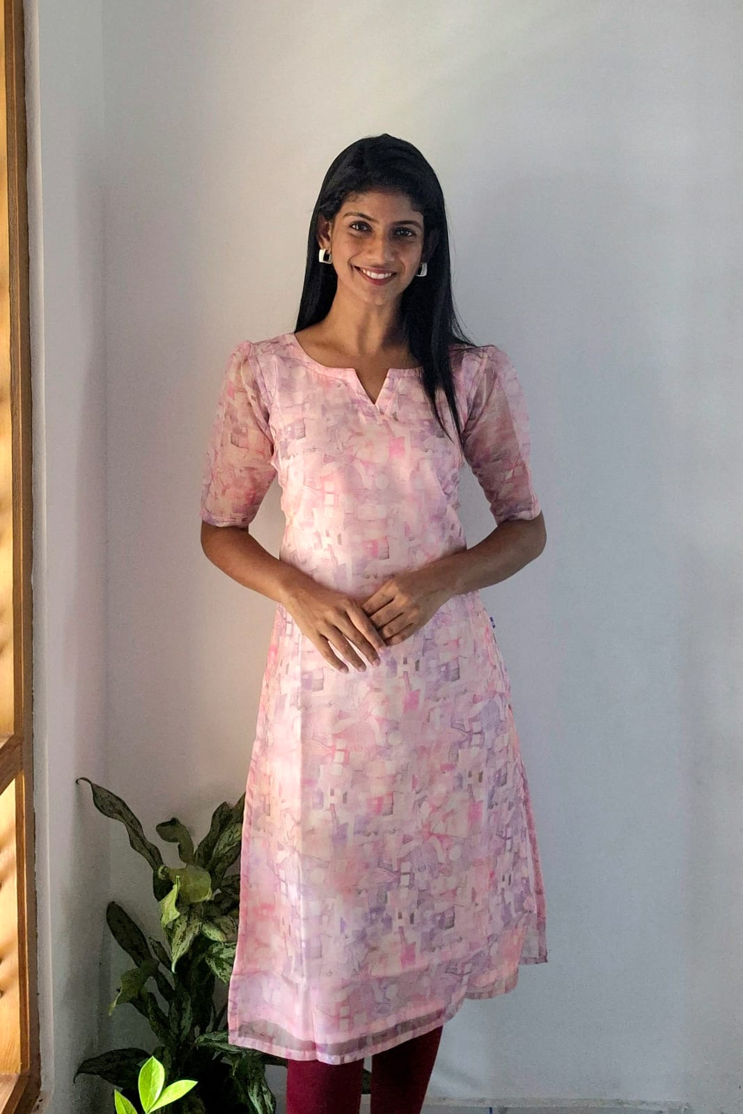 NR0126 - Printed Organza Kurti (Pink)
